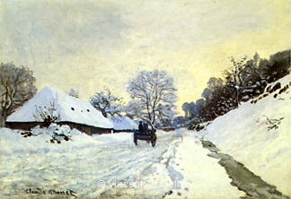Cart on snowy road to Honfleur by Claude  Monet