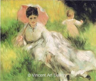 Woman with a Parasol and a Child in the Meadow, (Camille Monet) by Pierre-Auguste  Renoir