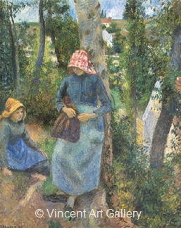 Two Young Peasants Chatting under the Trees by Camille  Pissarro