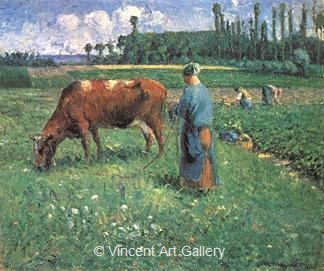Girl Tending a Cow in Pasture by Camille  Pissarro
