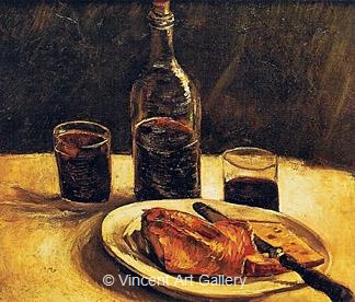 Still Life with Bottle, Two Glasses, Cheese and Bread by Vincent van Gogh