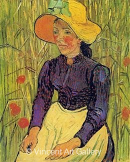 Young Peasant Woman with Straw Hat in the Wheat by Vincent van Gogh