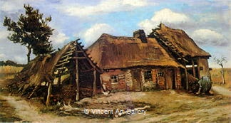 Cottage with Decrepit Barn and Stooping Woman by Vincent van Gogh