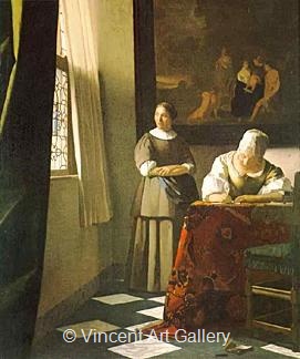 Lady writing a Letter with her Maid by Johannes  Vermeer