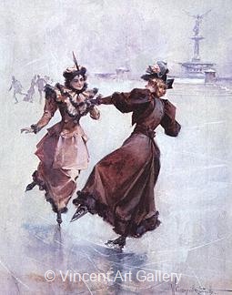 Two Ladies Ice Skating in the Central Park by Walter  Granvill Smith