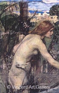 A Nude Girl in a Landscape by J.W.  Waterhouse