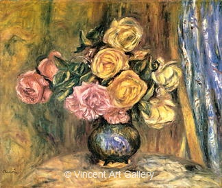Roses in front of a Blue Curtain by Pierre-Auguste  Renoir