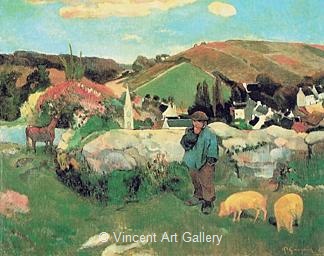 Breton Landscape with Pigs by Paul  Gauguin