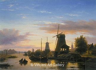 Woodsaw Mills at the Schie at Sunset by Charles H.J.  Leickert