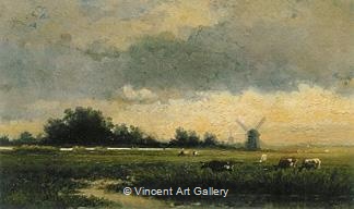 Cows in Polder Landscape with Wind Mills by Willem  Roelofs