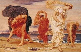 Greek Girls picking up Pepples at the Sea by Frederick  Leighton