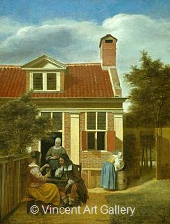 Three Woman and a Man in a Courtyard by Pieter de Hoogh