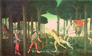 The Story of Nastagio degli Onesti: The Encounter with the Damned in the Pine Forest by Sandro  Botticelli