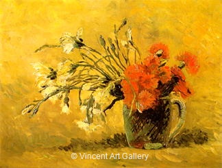 Vase with Red and White Carnations on Yellow Background by Vincent van Gogh