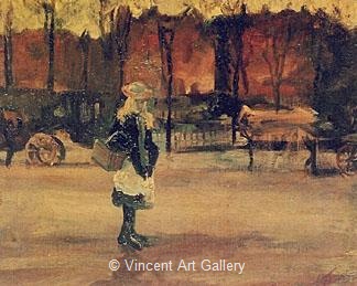 A Girl in the Street, Two Coaches in the Background by Vincent van Gogh