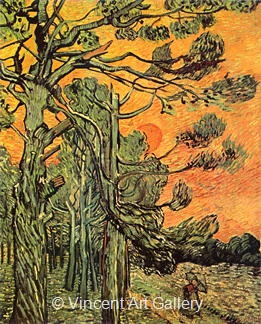 Pine Trees againts a Red Sky with Setting Sun by Vincent van Gogh