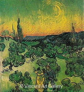 Landscape with Couple Walking and Crescent Moon by Vincent van Gogh