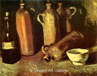 Still Life with Four Stone Bottles, Flask and White Cup by Vincent van Gogh