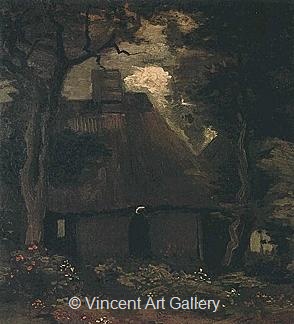 Cottage with Trees and Peasant Woman by Vincent van Gogh